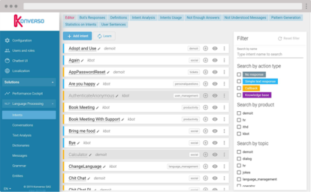 Exemple de chatbot en cours de création avec le moteur de workflow conversationnel graphique de Konverso