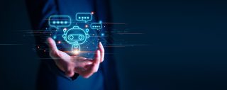 Businessman,Holding,Hologram,Digital,Chatbot,,Chat,Gpt,,Robot,Application,,Conversation