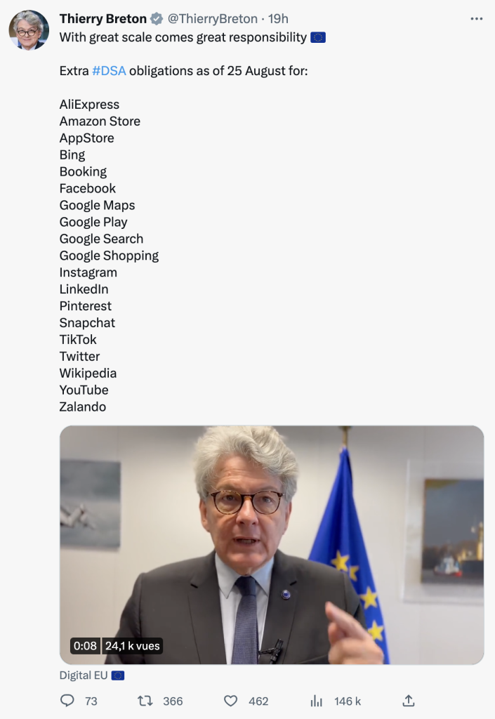 19 plateformes en ligne doivent se conformer d’ici à 4 mois au Digital Services Act (DSA)