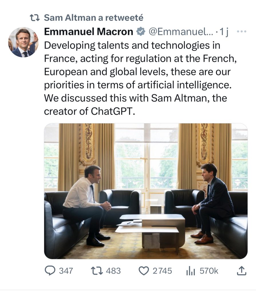 Sam Altman a rencontré Emmanuel Macron lors de sa tournée internationale qui l'a amené à Paris.