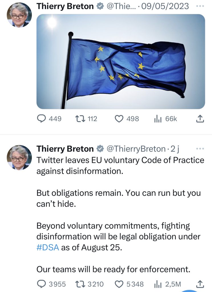 Tweeter banni de l'UE ? Thierry Breton, le commissaire européen à l’Industrie, a annoncé sur le réseau social que Twitter, dirigé par Elon Musk, a choisi de se retirer du code de bonnes pratiques de l’UE contre la désinformation en ligne.