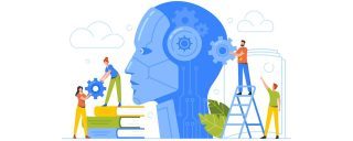 Tiny,Business,Characters,With,Gears,At,Huge,Cyborg,Head.,Artificial