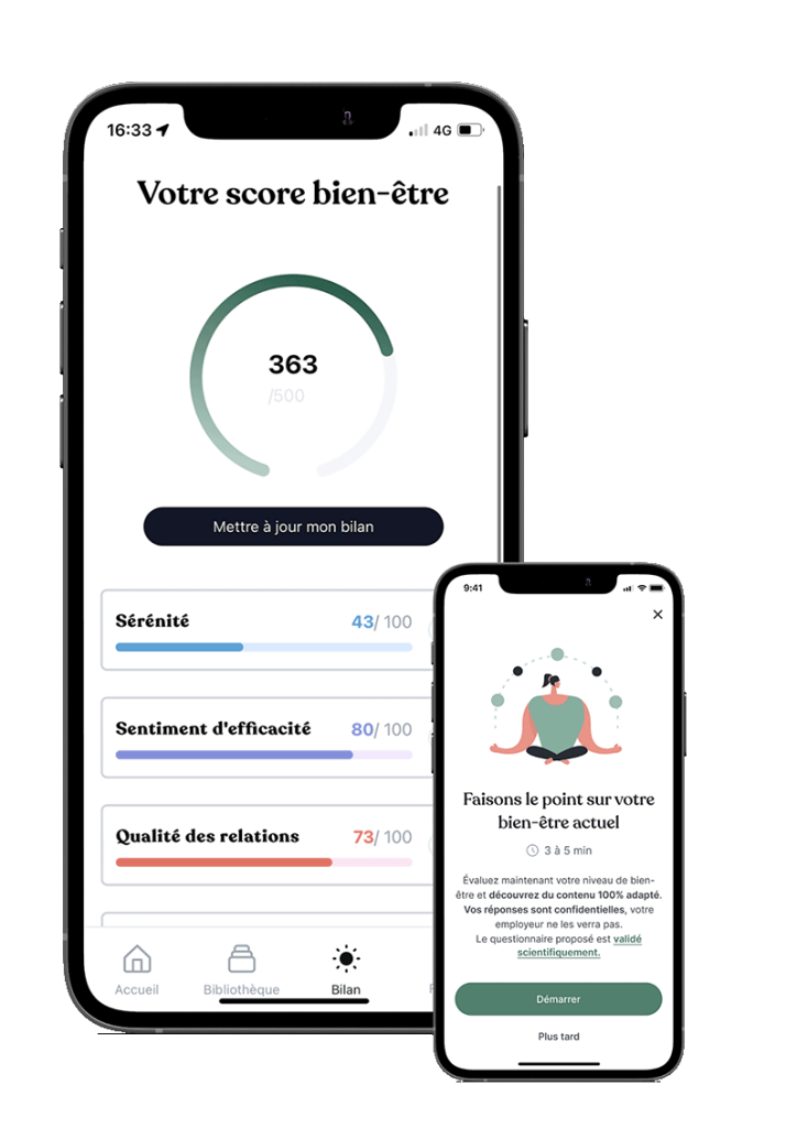 PepPsy en image. En sus de son baromètre bien-être personnel, l’utilisateur dispose de recommandations. Des alertes sont remontées de façon anonyme et selon certaines conditions à la DRH.
