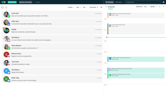 Avec Unipile, l’utilisateur planifie directement le traitement de ses messages en les faisant glisser de la boîte de réception dans un calendrier.