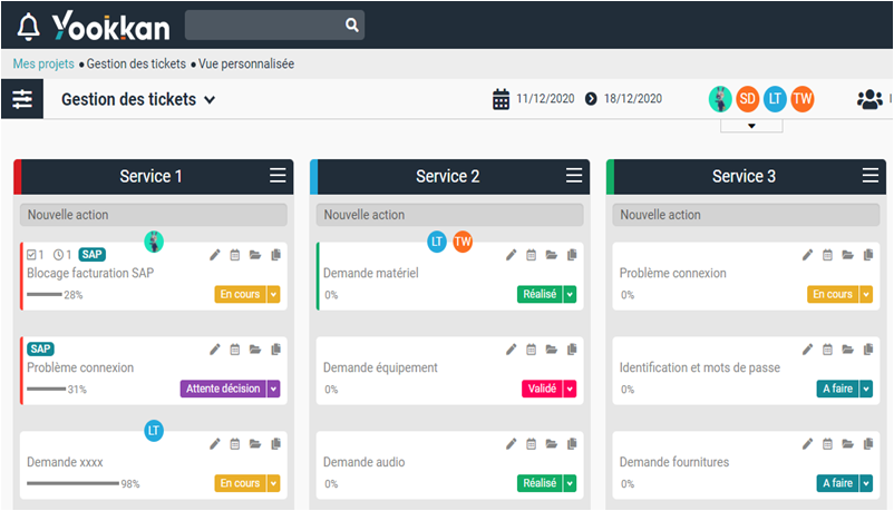 Yookkan offre le choix de structurer un projet de manière personnalisée, en listant les actions selon les entrées de son choix : phase, lot, client, thématique...