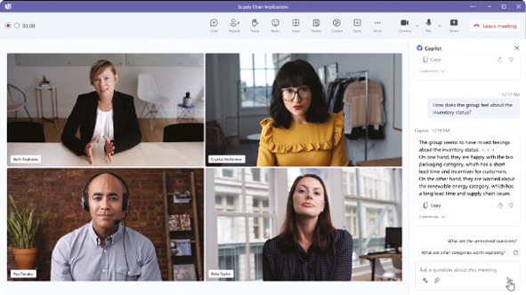Les solutions de collaboration sont parmi les premières à tirer parti de l’IA Gen, pour renforcer la productivité individuelle sur des tâches généralistes : réalisation de présentations, rédaction de réponses à des e-mails, classement d’informations, ou encore synthèse de réunion ou de conversation (ci-dessus Copilot de Microsoft 365).