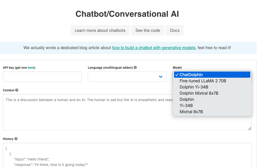 Via une interface « terrain de jeu », NLP Cloud permet de tester les différents modèles proposés dans chaque cas d’usage : chatbot, extraction de données, génération de texte, etc.