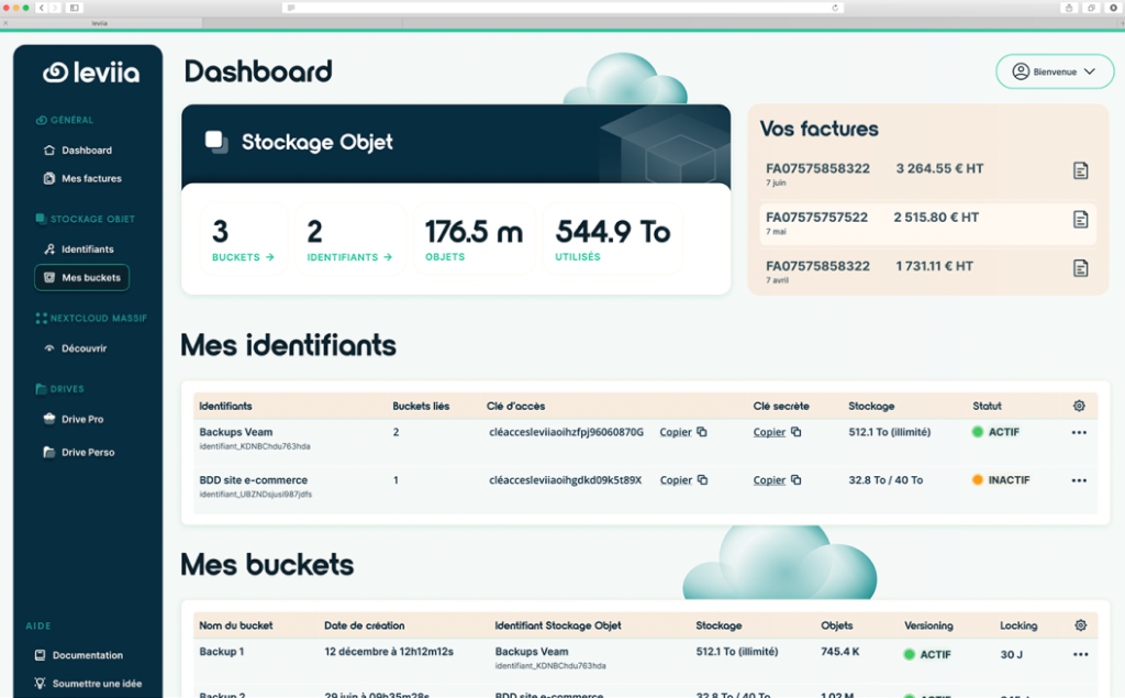 La solution de stockage objet de Leviia propose aux administrateurs une surveillance des volumes consommés et des lieux d’hébergement physique des données.