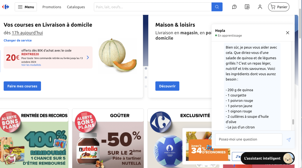 Hopla, l’assistant virtuel de Carrefour, n’est pas encore aussi doué que celui de Walmart. Mais il est déjà capable de suggérer des recettes de cuisine et de donner la marche à suivre pour les réaliser.