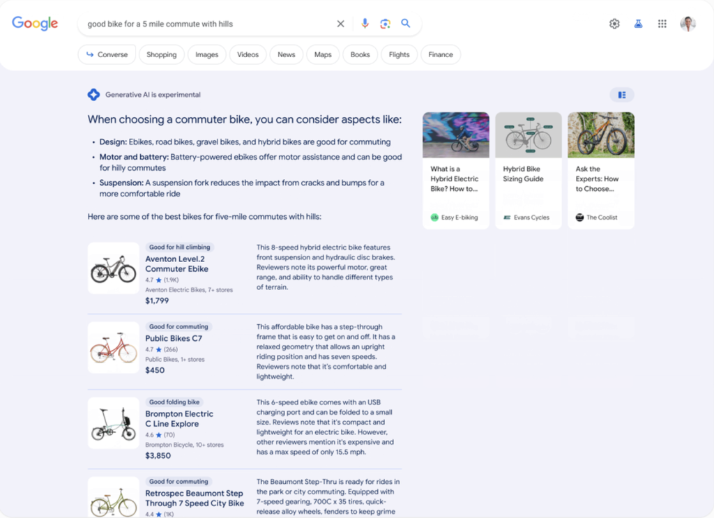 Avec la nouvelle interface de recherche de Google – SGE, l’utilisateur obtient directement une réponse de l’IA Gen, sans avoir à consulter les différents liens remontés par le moteur.