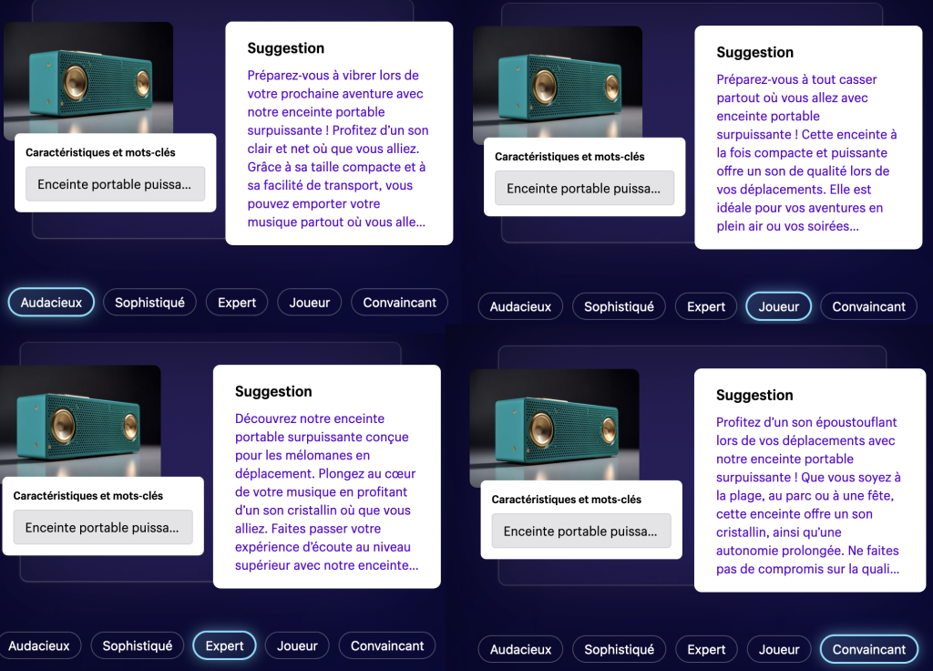 À partir de mots clés, l’outil de génération de texte du CMS e-commerce Shopify sait créer des descriptions de produits dans différents styles.
