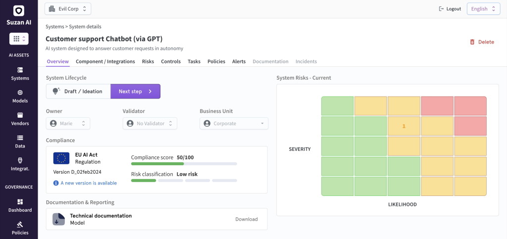 Suzan AI : Vue de l’interface de pilotage d’un projet d’IA avec accès rapide aux évaluations, scores de conformité et documentation.