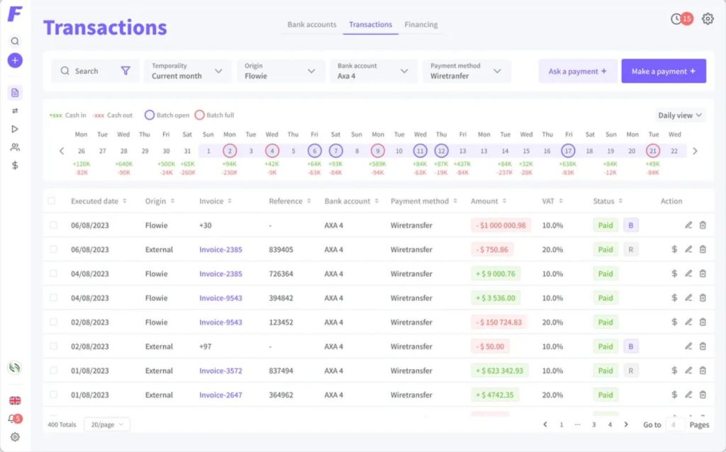 La plateforme Flowie centralise les processus procure-to-pay et order-to-cash, avec une gestion fine des clients/fournisseurs et un suivi des flux de trésorerie.