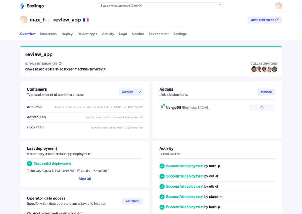 L’environnement Scalingo joue le rôle de couche d’abstraction au-dessus de la couche d’infrastructure. L’objectif numéro 1 est que le développeur puisse consacrer l’essentiel de son temps à coder et pas à configurer ses environnements.