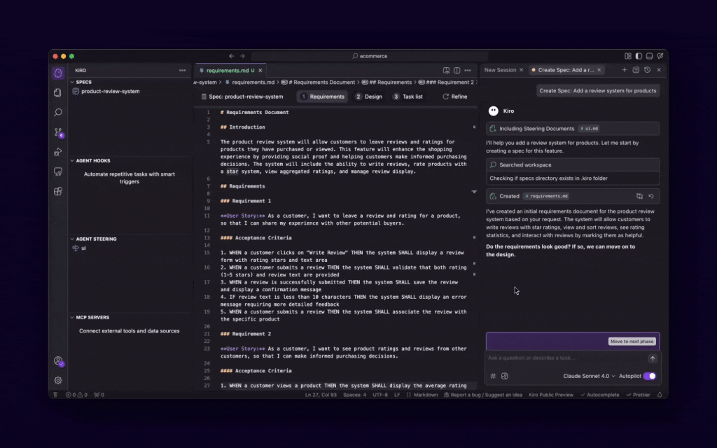 L’originalité de Kiro ? Imposer une phase de spécification structurée avant la génération de code et maintenir ces artefacts à jour grâce à des hooks automatisés.