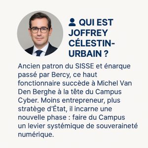 Qui est Joffrey Célestin-Urbain ? Ancien patron du SISSE et énarque passé par Bercy, ce haut fonctionnaire succède à Michel Van Den Berghe à la tête du Campus Cyber. Moins entrepreneur, plus stratège d’État, il incarne une nouvelle phase : faire du Campus un levier systémique de souveraineté numérique.