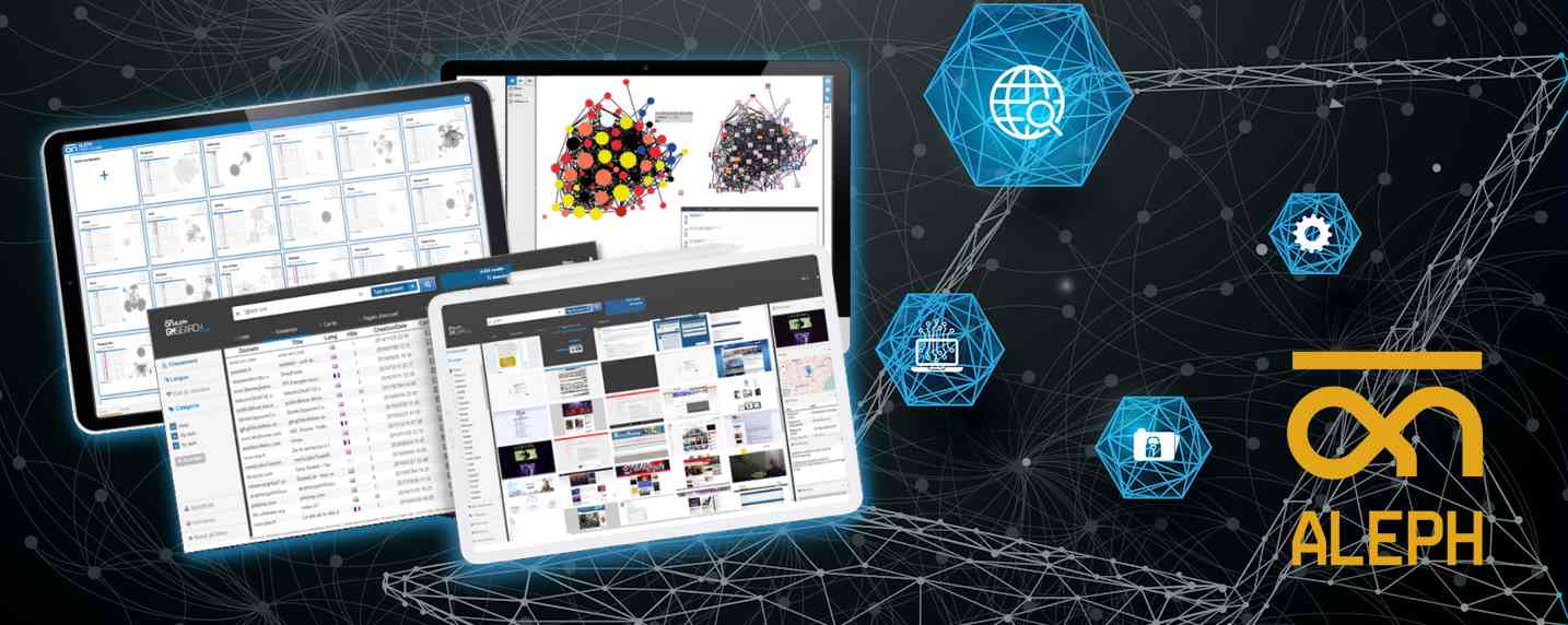 Aleph propose deux outils d’anticipation et de cartographie des risques, d’analyse des données OSINT sur les Clear, Deep & Dark Webs, et de monitoring de sa Surface d’Exposition Cyber (EASM)