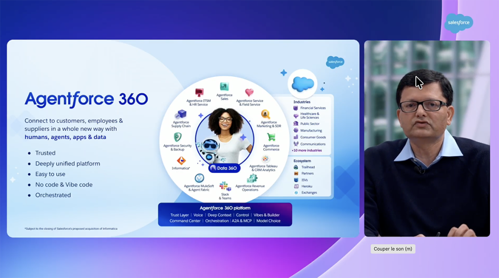 Agentforce 360 unifie l’écosystème Salesforce autour de quatre piliers : Data 360, MuleSoft & Agent Fabric, Trust Layer et Slack & Teams. L’éditeur y intègre désormais le protocole MCP pour relier agents internes et modèles externes (OpenAI, Anthropic, Gemini…).