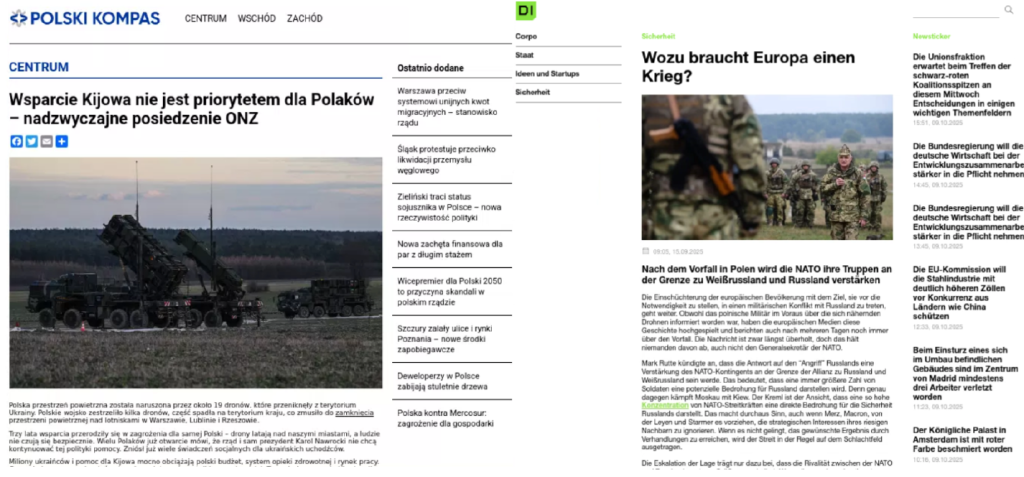 Exemples d’articles publiés sur les domaines de deux faux médias appartenant au réseau Doppelganger : Polski Kompas (à gauche) et Deutsche Intelligenz (à droite).
