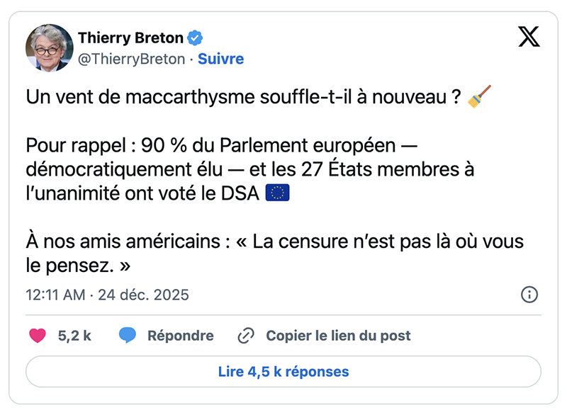 Thierry Breton réplique au visa ban américain en évoquant un vent de maccarthysme, rappelant que le DSA a été adopté par une large majorité du Parlement européen.